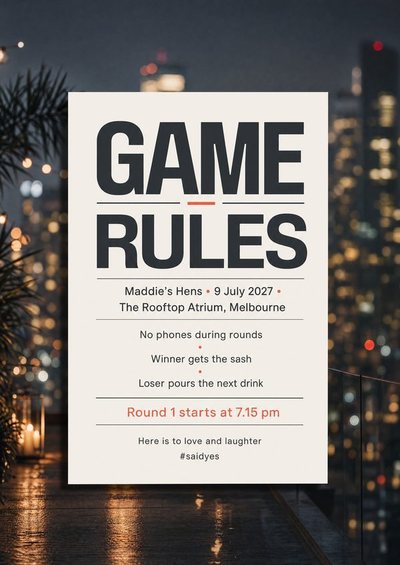 Hens — Game Rules — Foam Board Hens & Bucks Signs design for Hens party