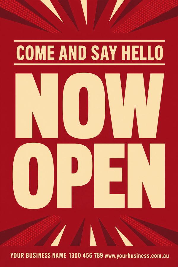 Now Open Crimson — Sales & promotions design