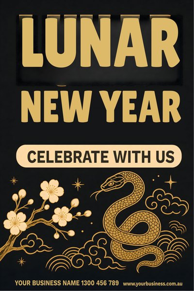 Lunar New Year — Snake, Black & Gold — Lunar New Year Signs (corflute) design for Lunar New Year