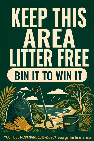 Keep This Area Litter Free — Bin It To Win It — Clean Up Australia Day Signs (corflute) design for Clean Up Australia Day