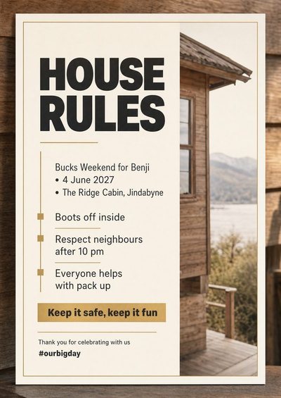 Bucks — House Rules — Foam Board Hens & Bucks Signs design for Hens party